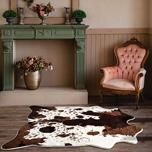 Acapet Cow Print Area Rugs Cowhide Rugs 4.6ft x5.2ft for Living Room Bedroom Western Decor, Cute Fluffy Cowhide Carpet Faux Fur Rug, Soft Fuzzy Rug for Home, Brown and White,(140 * 158cm)