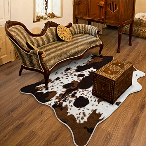 Acapet Cow Print Area Rugs Cowhide Rugs 4.6ft x5.2ft for Living Room Bedroom Western Decor, Cute Fluffy Cowhide Carpet Faux Fur Rug, Soft Fuzzy Rug for Home, Brown and White,(140 * 158cm)