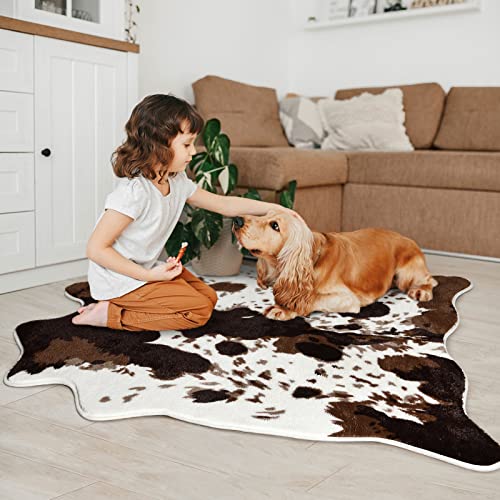 Acapet Cow Print Area Rugs Cowhide Rugs 4.6ft x5.2ft for Living Room Bedroom Western Decor, Cute Fluffy Cowhide Carpet Faux Fur Rug, Soft Fuzzy Rug for Home, Brown and White,(140 * 158cm)