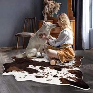 Acapet Cow Print Area Rugs Cowhide Rugs 4.6ft x5.2ft for Living Room Bedroom Western Decor, Cute Fluffy Cowhide Carpet Faux Fur Rug, Soft Fuzzy Rug for Home, Brown and White,(140 * 158cm)