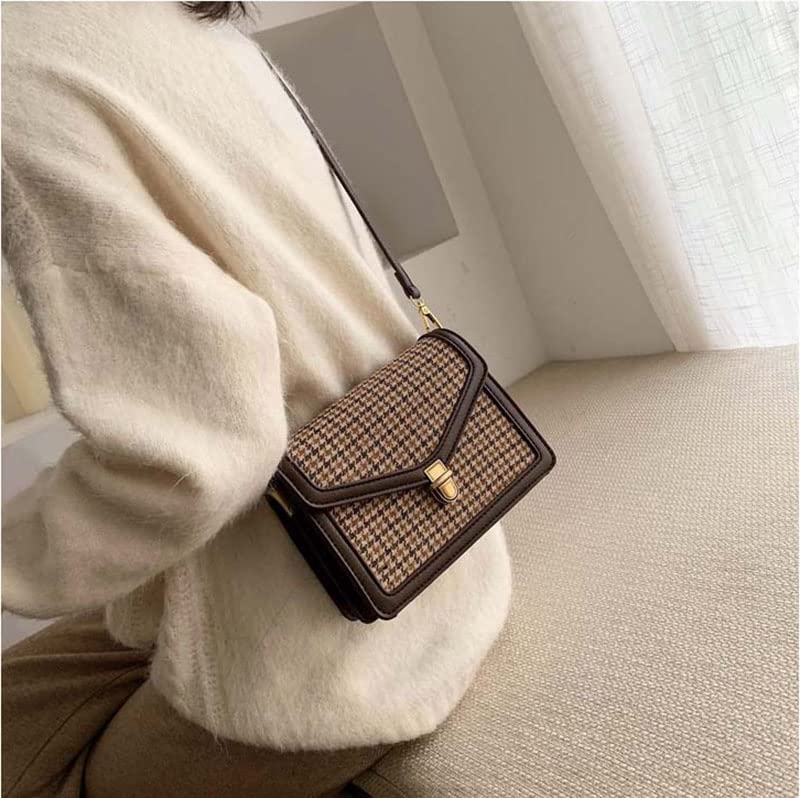 Crossbody Bag For Women Plaid Pattern Pu Leather Vintage Designer Small Handbags Messenger Shoulder Bag Office Ladies Cellphone Coin Purses (Khaki)