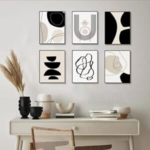 Abstract Boho Wall Art Prints Set of 6, Minimalist Geometric Boho Wall Art Black Brown Beige Line Art Canvas Painting Pictures, Mid-Century Modern Prints Gallery Wall Posters for Bedroom Living Room Bathroom Boho Room Decor(8" X 10", Unframed)