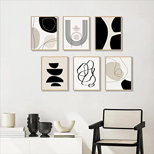 Abstract Boho Wall Art Prints Set of 6, Minimalist Geometric Boho Wall Art Black Brown Beige Line Art Canvas Painting Pictures, Mid-Century Modern Prints Gallery Wall Posters for Bedroom Living Room Bathroom Boho Room Decor(8" X 10", Unframed)