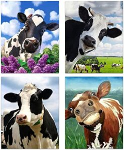 mooxo colorful cute cow wall art prints,rustic cow canvas wall art painting for farmhouse farm decoration,funny cow paintings are perfect for bathroom bedroom home decor, set of 4-(8”x10” unframed)