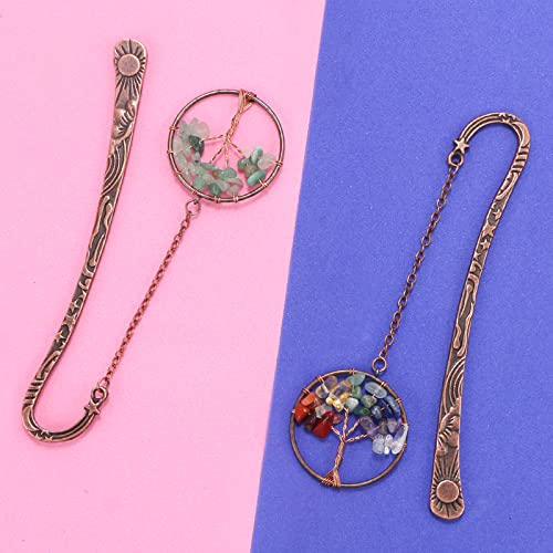 BENOSPACE 2 Pcs Tree of Life Bookmark Metal Religious Bronze Star Sun Moon Bookmarks Vintage 7 Chakra Crystals Healing Stone Beaded Charm Pendant for Women Student Teacher Graduation Christmas Gift