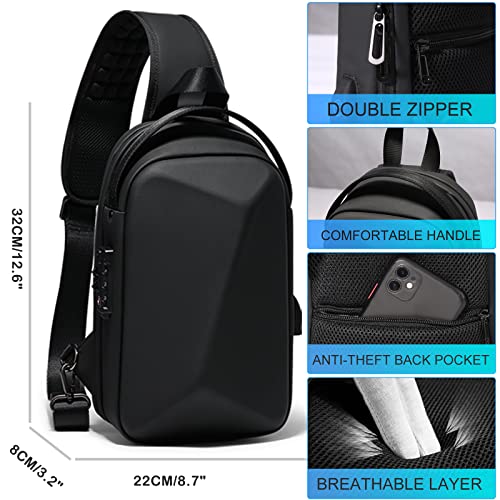 Fenruien Hard Shell Waist Pack for Men&Women with USB, Shoulder Pack Anti-Theft LockWaterproof 10.2 inch Single Strap for Travel Hiking Daily