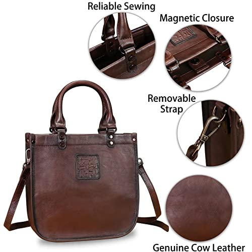 Genuine Leather Top Handle Handbag Purse for Women Vintage Over the Shoulder Bag Handmade Crossbody Satchel (Coffee)