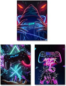 neon gaming art posters, 12″x16″ video game canvas wall art, gamepad playstation controller decorative interior painting wall art posters for teenage boys room playroom decor, (set of 3-unframed)