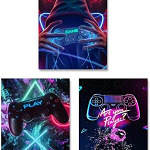 Neon Gaming Art Posters, 12"x16" Video Game Canvas Wall Art, Gamepad Playstation Controller Decorative Interior Painting Wall Art Posters for Teenage Boys Room Playroom Decor, (Set of 3-Unframed)