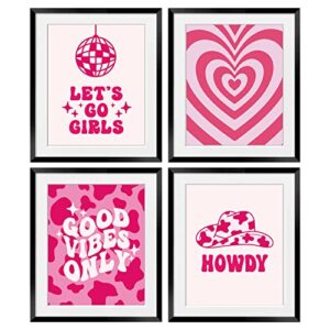 ogilre pink abstract disco ball let’s go girls howdy good vibes only preppy wall art decorations prints, cowgirl hat hearts boho poster, 8×10 inch 4 set unframed