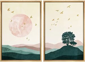 mudecor framed wall art print set gold birds and pink & green gradient mountain landscape nature wilderness illustrations modern rustic colorful for living room, bedroom, office – 16″x24″x2 natural