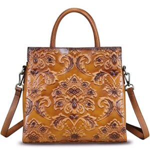 genuine leather satchel for women top handle handbag handmade embossed vintage satchel retro crossbody handbags purse hobo bag (brown)