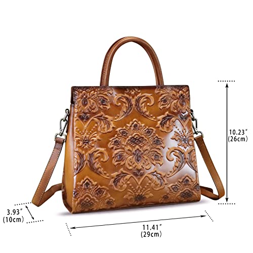 Genuine Leather Satchel for Women Top Handle Handbag Handmade Embossed Vintage Satchel Retro Crossbody Handbags Purse Hobo Bag (Brown)