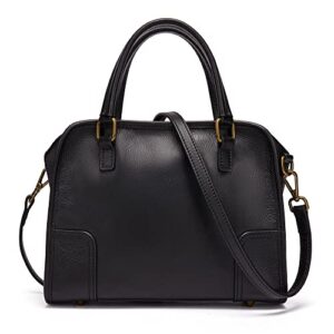 vintage leather top handle handbags for women cowhide satchel shoulder purse with removable strap (1-black)