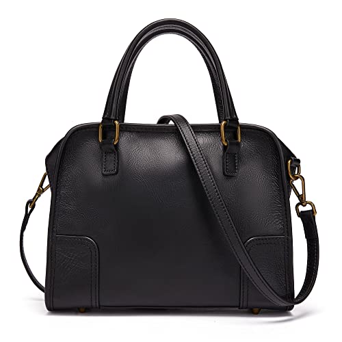 Vintage Leather Top Handle Handbags For Women Cowhide Satchel Shoulder Purse With Removable Strap (1-Black)