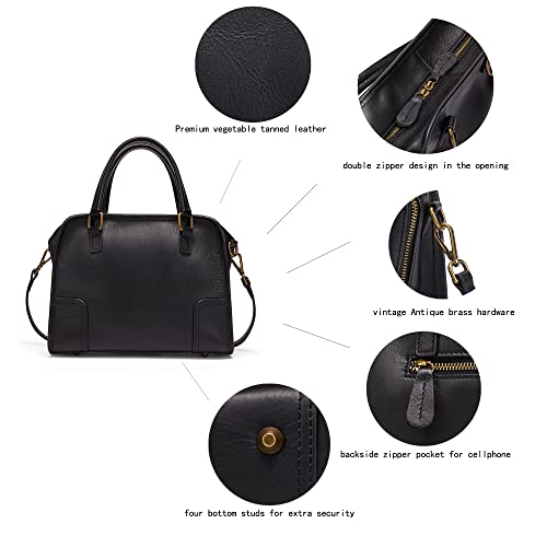 Vintage Leather Top Handle Handbags For Women Cowhide Satchel Shoulder Purse With Removable Strap (1-Black)