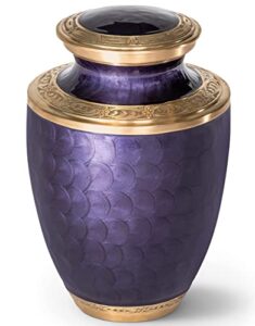 cremation urn for adults – purple and gold funeral ashes container – made of brass – for men and women up to 200lbs – handcrafted