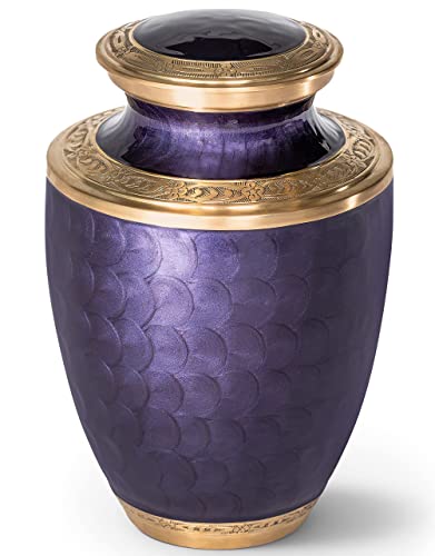 Cremation Urn for Adults - Purple and Gold Funeral Ashes Container - Made of Brass - for Men and Women up to 200lbs - Handcrafted