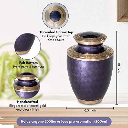 Cremation Urn for Adults - Purple and Gold Funeral Ashes Container - Made of Brass - for Men and Women up to 200lbs - Handcrafted