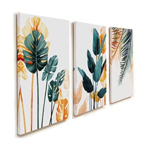 kk·color canvas prints wall art, original designed framed tropical plants pictures, minimalist watercolor painting palm monstera green leaf for living room office bedroom bathroom 3 piece 12″ x 16″