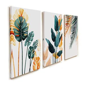 KK·COLOR Canvas Prints Wall Art, Original Designed Framed Tropical Plants Pictures, Minimalist Watercolor Painting Palm Monstera Green Leaf for Living Room Office Bedroom BathRoom 3 Piece 12" X 16"