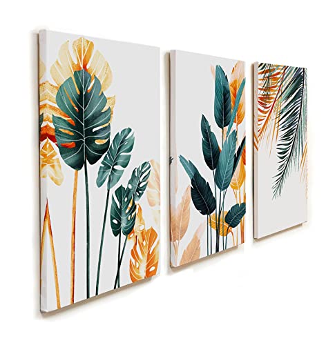 KK·COLOR Canvas Prints Wall Art, Original Designed Framed Tropical Plants Pictures, Minimalist Watercolor Painting Palm Monstera Green Leaf for Living Room Office Bedroom BathRoom 3 Piece 12" X 16"