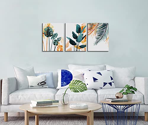 KK·COLOR Canvas Prints Wall Art, Original Designed Framed Tropical Plants Pictures, Minimalist Watercolor Painting Palm Monstera Green Leaf for Living Room Office Bedroom BathRoom 3 Piece 12" X 16"