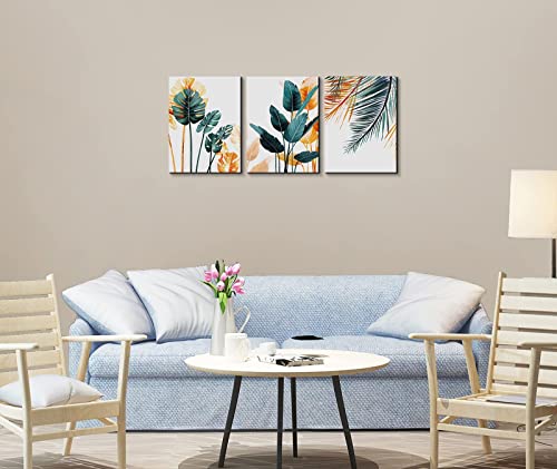 KK·COLOR Canvas Prints Wall Art, Original Designed Framed Tropical Plants Pictures, Minimalist Watercolor Painting Palm Monstera Green Leaf for Living Room Office Bedroom BathRoom 3 Piece 12" X 16"