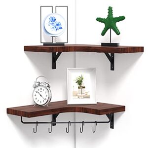 buwico corner floating shelves, 2 pack rustic wall shelves with towel bar, floating wall shelves for living room, solid wood corner wall shelf for bedroom, bathroom, kitchen, office