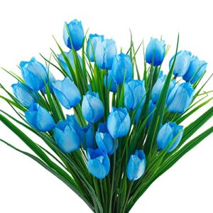 Ruidazon 6 Bundles Tulips Artificial Flowers,30 Heads Outdoor Artificial Tulip Faux Plastic Greenery Shrubs Plants UV Resistant for Easter Home Outside Garden Porch Window Decor (Blue)