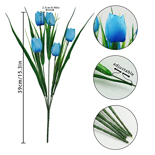 Ruidazon 6 Bundles Tulips Artificial Flowers,30 Heads Outdoor Artificial Tulip Faux Plastic Greenery Shrubs Plants UV Resistant for Easter Home Outside Garden Porch Window Decor (Blue)