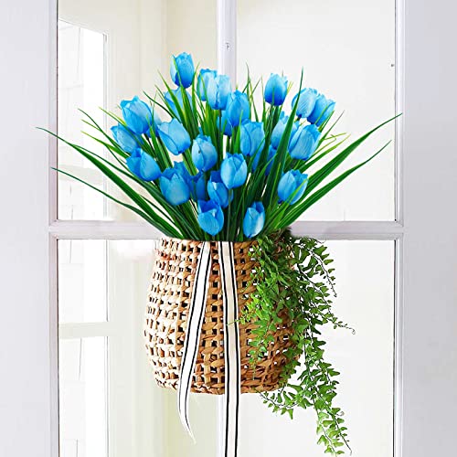 Ruidazon 6 Bundles Tulips Artificial Flowers,30 Heads Outdoor Artificial Tulip Faux Plastic Greenery Shrubs Plants UV Resistant for Easter Home Outside Garden Porch Window Decor (Blue)