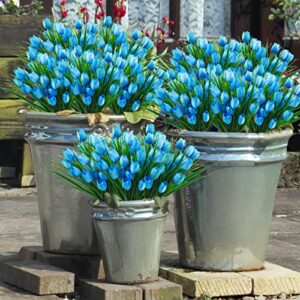 Ruidazon 6 Bundles Tulips Artificial Flowers,30 Heads Outdoor Artificial Tulip Faux Plastic Greenery Shrubs Plants UV Resistant for Easter Home Outside Garden Porch Window Decor (Blue)