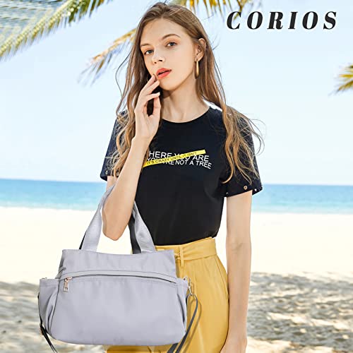 CORIOS Women Shoulder Bag Crossbody Bag Nylon Handbag Casual Messenger Bag Waterproof Top Handle Bag Multi Pocket Hobo Bag Tote Purse for Shopping Work Party Travel School Daily Use Grey