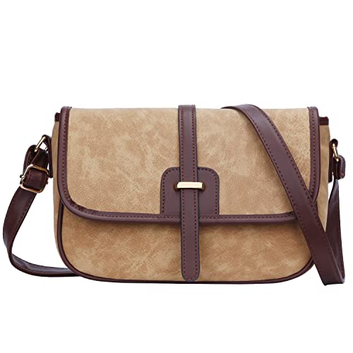 KKXIU Vintage Crossbody Bag for Women and Teen Girls Vegan Leather Shoulder Purse (Khaki)