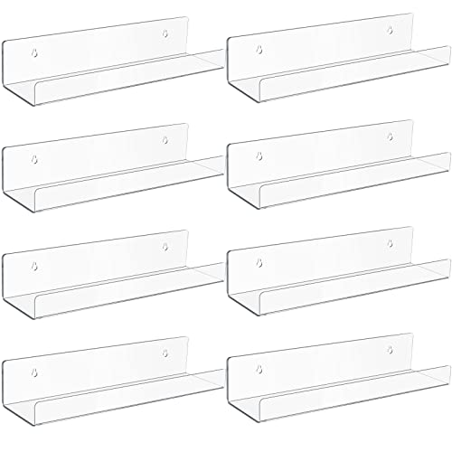 8 Packs 15 Inch Invisible Acrylic Floating Wall Shelf Wall Mounted Nursery Kids Bookshelf Display Shelves Toy Storage Wall Shelf Storage Shelves Display Organizer (Clear)