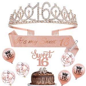 16th birthday decorations for girls,16th birthday sash,crown,balloons,candles,cake toppers.16th rose gold birthday gifts for girls,rose gold birthday decorations