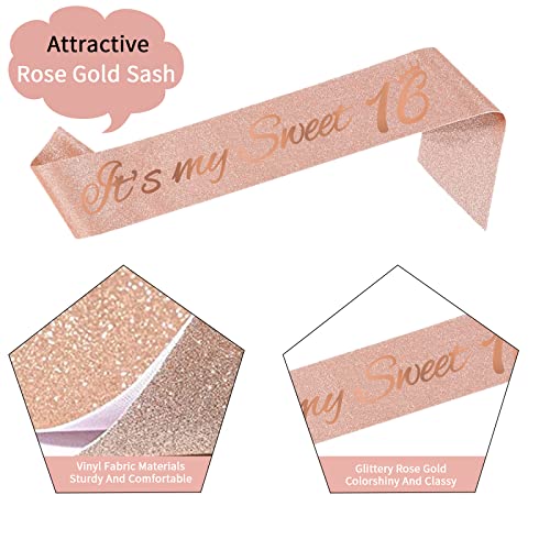 16th Birthday Decorations for Girls,16th Birthday Sash,Crown,Balloons,Candles,Cake Toppers.16th Rose Gold Birthday Gifts for Girls,Rose Gold Birthday Decorations