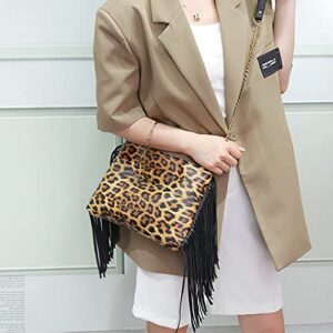 Leopard Print Purse Fringe Clutch Tassel Cheetah Women Wristlet Crossbody Envelope Evening Chain Bag