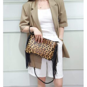 Leopard Print Purse Fringe Clutch Tassel Cheetah Women Wristlet Crossbody Envelope Evening Chain Bag