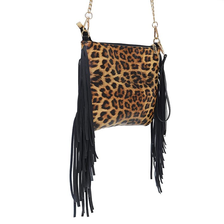 Leopard Print Purse Fringe Clutch Tassel Cheetah Women Wristlet Crossbody Envelope Evening Chain Bag