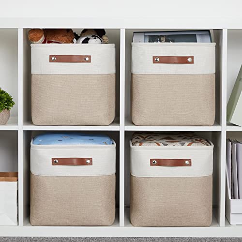 HNZIGE Foldable Storage Cubes Baskets for Organizing Set of 8, Fabric Cube Storage Bins 11 x11, Collapsible Storage Basket Bins Cube with Handles for Shelves Home Nursery(White Beige)