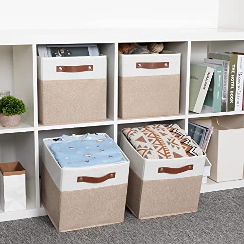 HNZIGE Foldable Storage Cubes Baskets for Organizing Set of 8, Fabric Cube Storage Bins 11 x11, Collapsible Storage Basket Bins Cube with Handles for Shelves Home Nursery(White Beige)