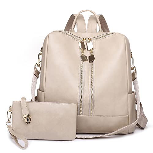 Women Fashion Backpack Purse,Leather Multipurpose Design Rucksack,Convertible Shoulder Bag Handbag with Wristlet (Beige1)