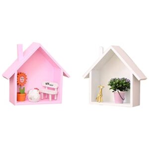 besportble 2pcs house shaped wall storage shelf rustic display rack kid room decoration for for nursery bedrooms living room (white pink)