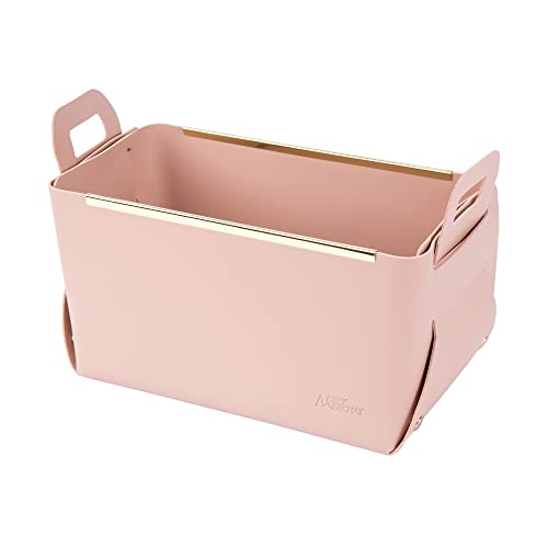 Foldable Storage Bins for Table and Desktop, Fancy Indoor Decorative Leatheroid Storage Basket Tray Collapsible Ideal for Keys Remote Cellphone Notes DVD, Pink