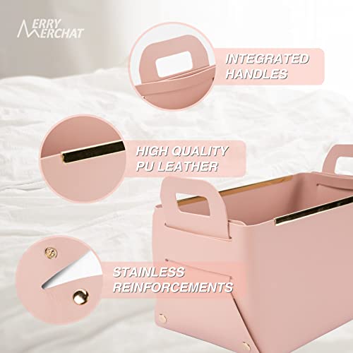 Foldable Storage Bins for Table and Desktop, Fancy Indoor Decorative Leatheroid Storage Basket Tray Collapsible Ideal for Keys Remote Cellphone Notes DVD, Pink