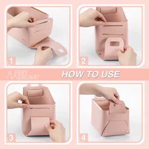 Foldable Storage Bins for Table and Desktop, Fancy Indoor Decorative Leatheroid Storage Basket Tray Collapsible Ideal for Keys Remote Cellphone Notes DVD, Pink