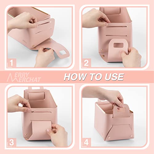 Foldable Storage Bins for Table and Desktop, Fancy Indoor Decorative Leatheroid Storage Basket Tray Collapsible Ideal for Keys Remote Cellphone Notes DVD, Pink