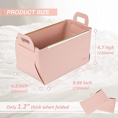 Foldable Storage Bins for Table and Desktop, Fancy Indoor Decorative Leatheroid Storage Basket Tray Collapsible Ideal for Keys Remote Cellphone Notes DVD, Pink